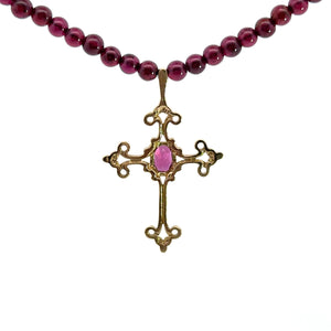 Mid Century Gold Garnet Cross on Garnet Bead 16inch Necklace