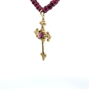 Mid Century Gold Garnet Cross on Garnet Bead 16inch Necklace