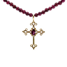 Load image into Gallery viewer, Mid Century Gold Garnet Cross on Garnet Bead 16inch Necklace