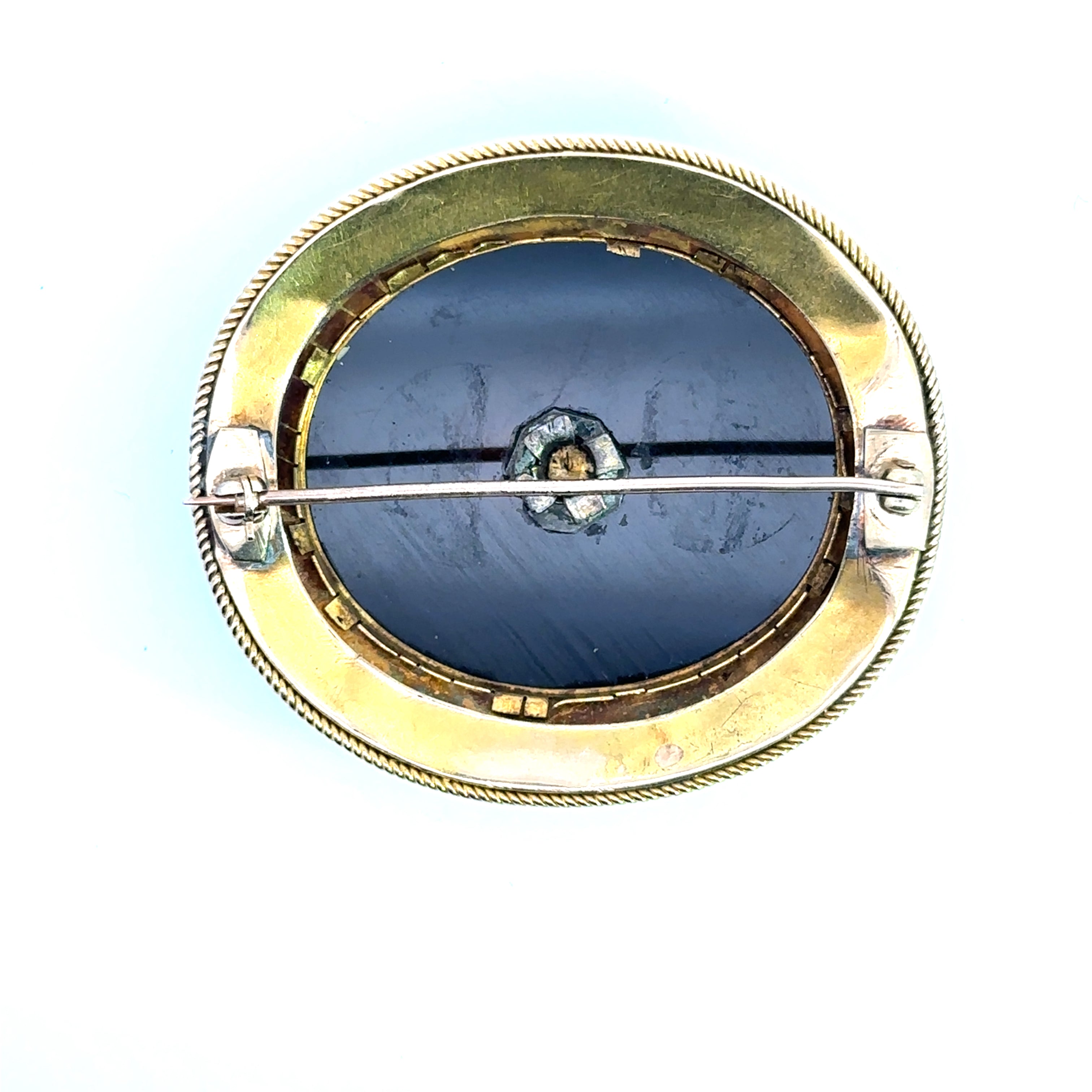 Victorian Large Onyx seed pearl & black enamel brooch