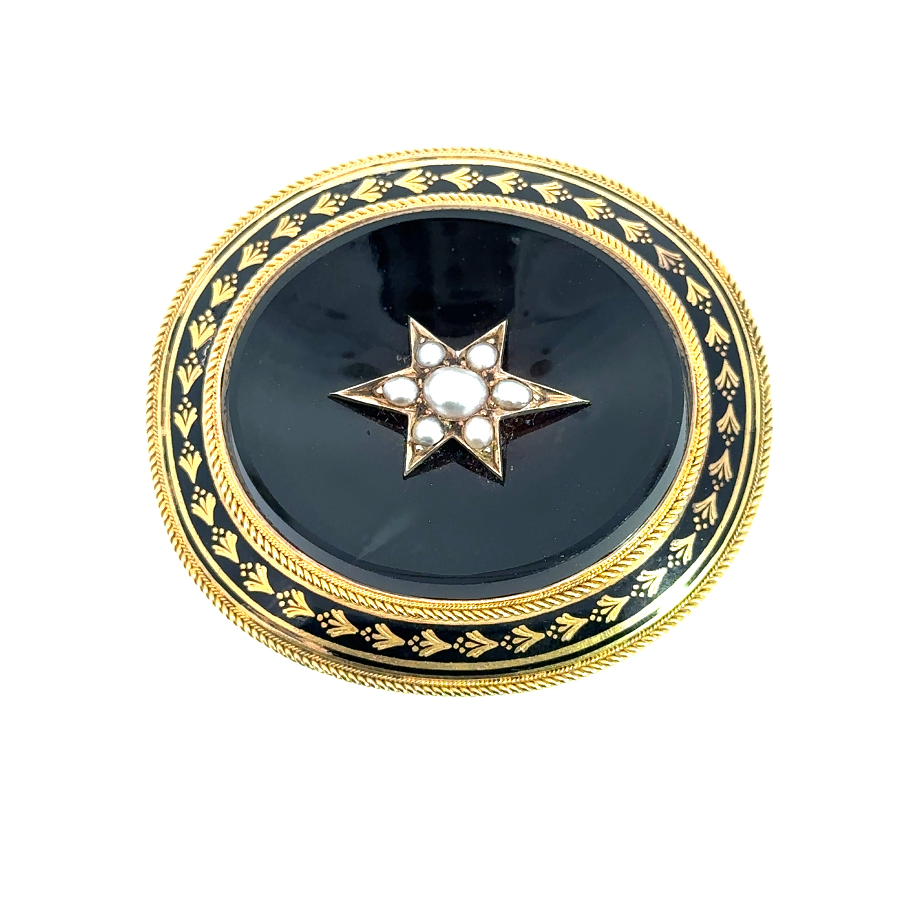 Victorian Large Onyx seed pearl & black enamel brooch