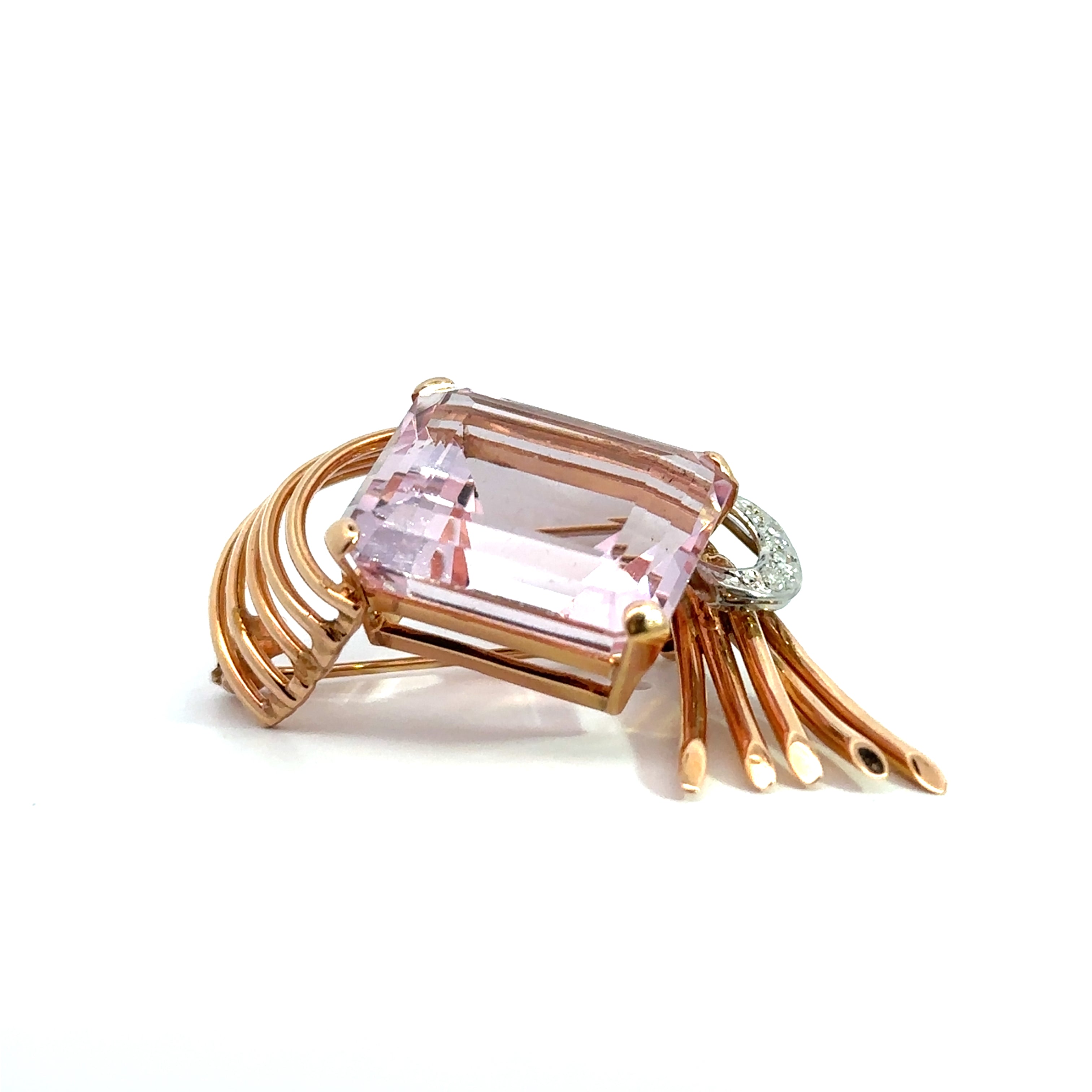 Retro Yellow Gold Kunzite Diamond Brooch
