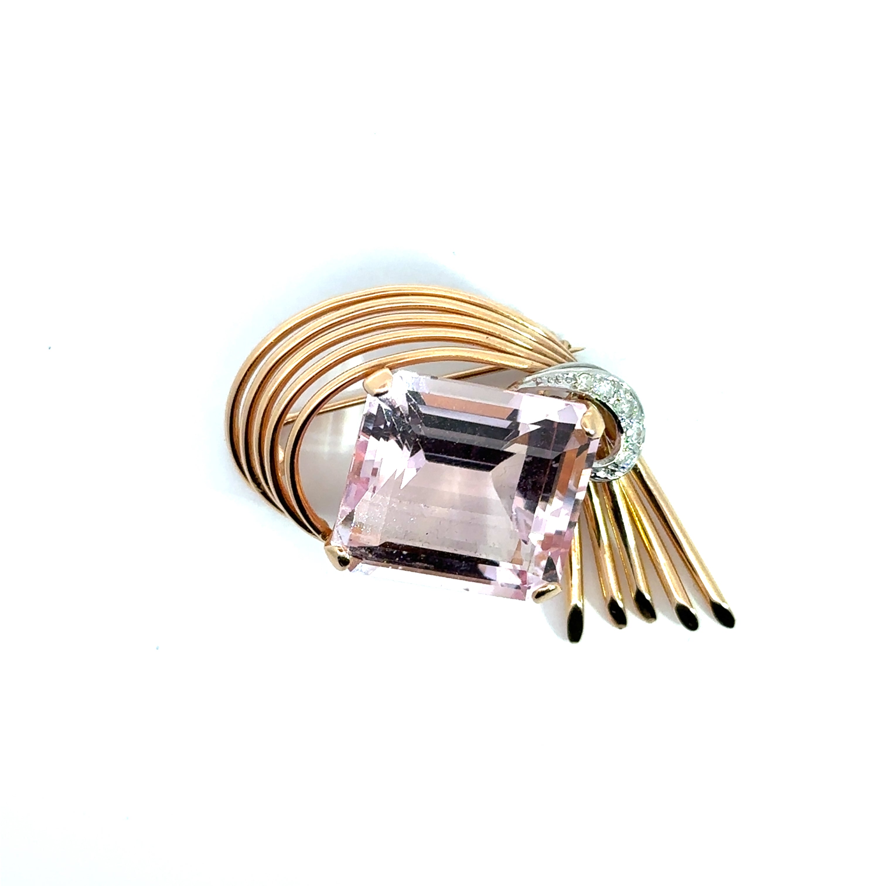 Retro Yellow Gold Kunzite Diamond Brooch