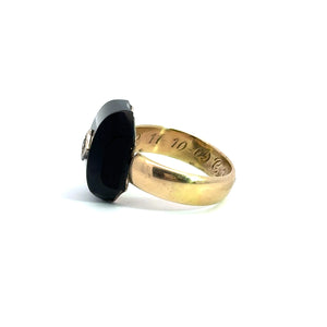 Art Deco Pillowed Cushion Cut Onyx + Diamond Ring