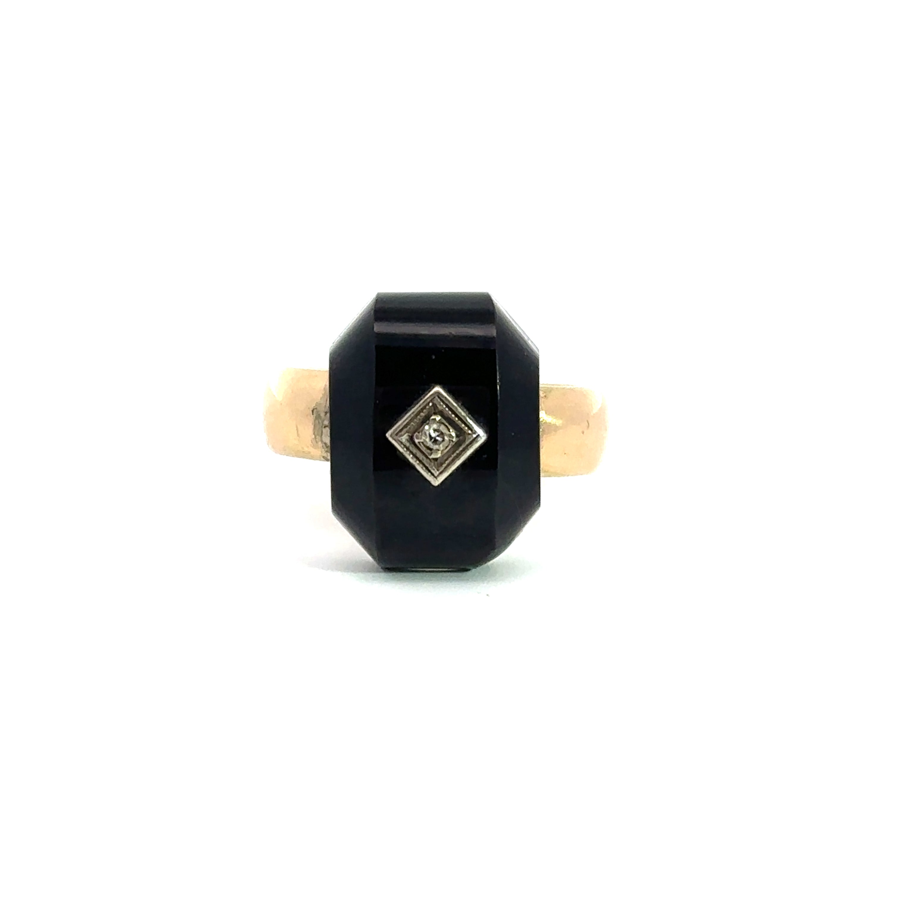 Art Deco Pillowed Cushion Cut Onyx + Diamond Ring