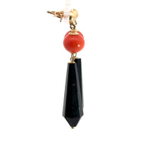 Load image into Gallery viewer, Mid Century Gold Faceted Onyx + Coral Dangle Earrings