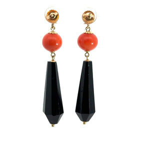 Mid Century Gold Faceted Onyx + Coral Dangle Earrings