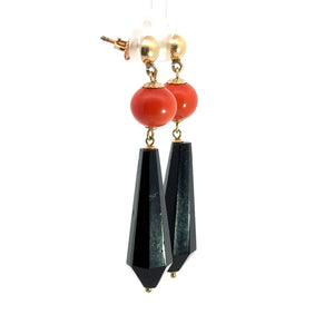 Mid Century Gold Faceted Onyx + Coral Dangle Earrings