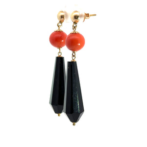 Mid Century Gold Faceted Onyx + Coral Dangle Earrings