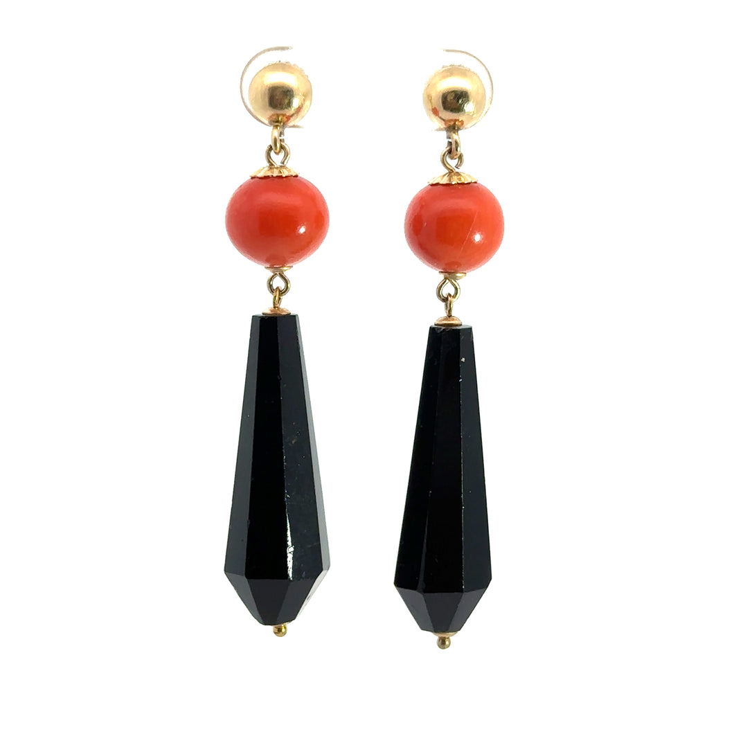 Mid Century Gold Faceted Onyx + Coral Dangle Earrings