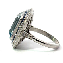 Load image into Gallery viewer, Late Century Platinum Emerald Cut Qquamarine + Sapphires &amp; Diamond Ring