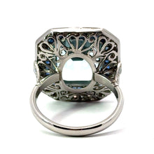 Load image into Gallery viewer, Late Century Platinum Emerald Cut Qquamarine + Sapphires &amp; Diamond Ring