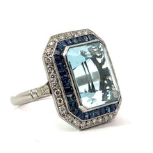 Load image into Gallery viewer, Late Century Platinum Emerald Cut Qquamarine + Sapphires &amp; Diamond Ring