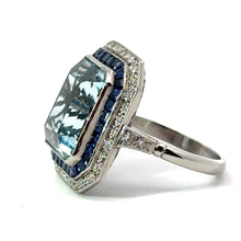Load image into Gallery viewer, Late Century Platinum Emerald Cut Qquamarine + Sapphires &amp; Diamond Ring