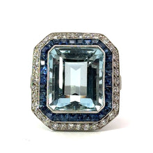 Load image into Gallery viewer, Late Century Platinum Emerald Cut Qquamarine + Sapphires &amp; Diamond Ring