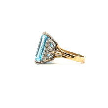 Load image into Gallery viewer, Late Century 14kt Yellow Gold  Emerald Cut Blue Topaz + Diamonds Ring