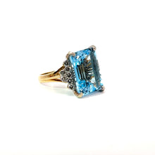Load image into Gallery viewer, Late Century 14kt Yellow Gold  Emerald Cut Blue Topaz + Diamonds Ring