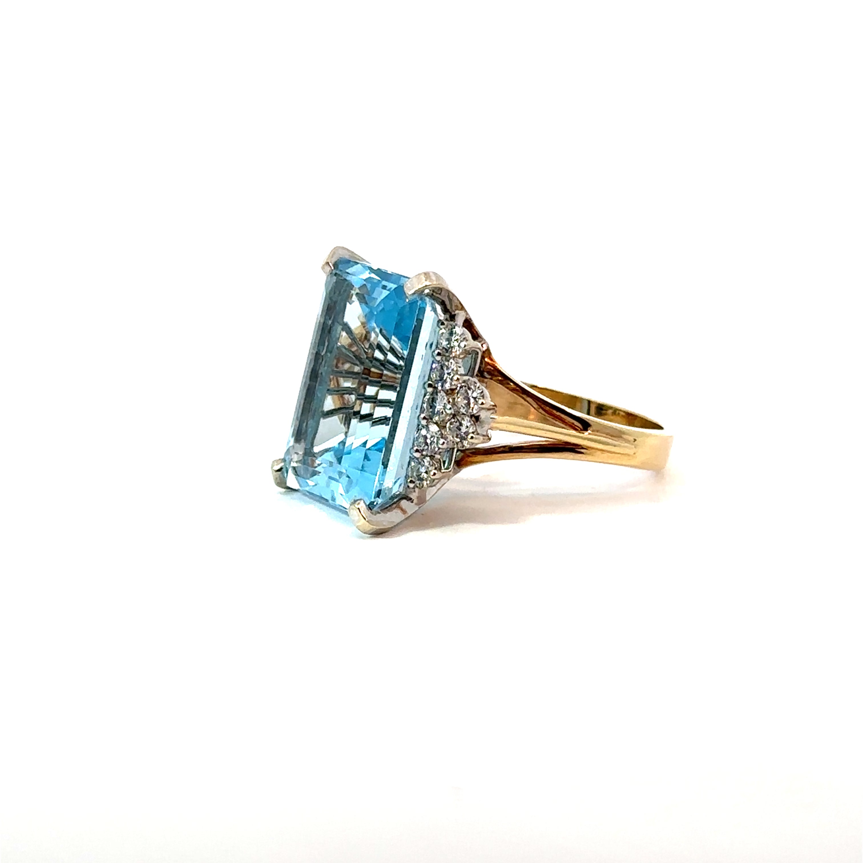 Late Century 14kt Yellow Gold  Emerald Cut Blue Topaz + Diamonds Ring