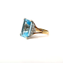 Load image into Gallery viewer, Late Century 14kt Yellow Gold  Emerald Cut Blue Topaz + Diamonds Ring