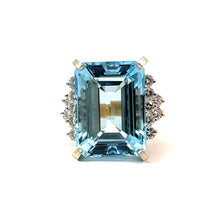 Load image into Gallery viewer, Late Century 14kt Yellow Gold  Emerald Cut Blue Topaz + Diamonds Ring