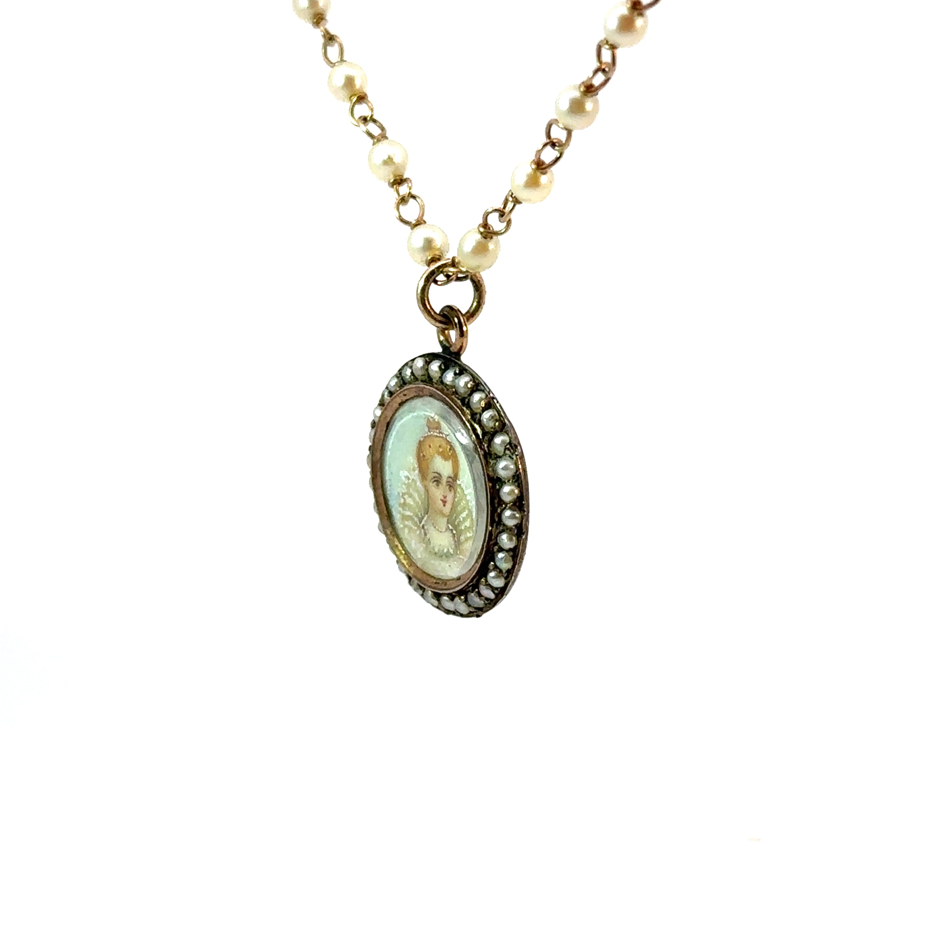Victorian 14kt Yellow Gold Seed Pearl 24in Chain with Hand Painted Medallion