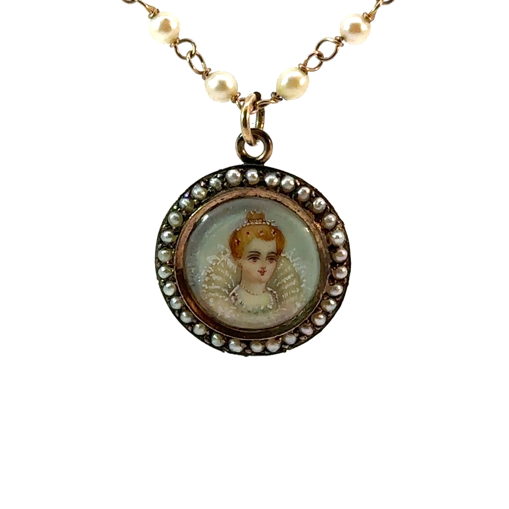 Victorian 14kt Yellow Gold Seed Pearl 24in Chain with Hand Painted Medallion