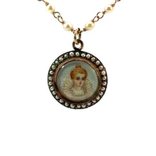 Load image into Gallery viewer, Victorian 14kt Yellow Gold Seed Pearl 24in Chain with Hand Painted Medallion