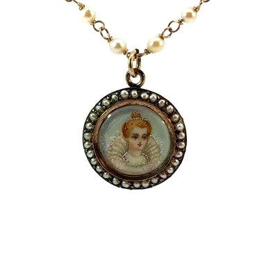 Victorian 14kt Yellow Gold Seed Pearl 24in Chain with Hand Painted Medallion