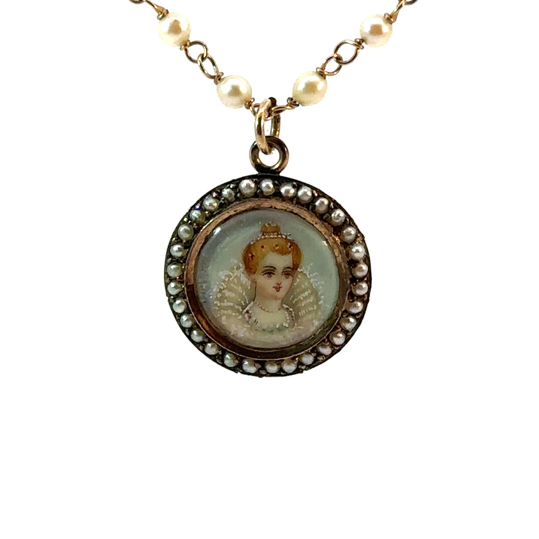 Victorian 14kt Yellow Gold Seed Pearl 24in Chain with Hand Painted Medallion