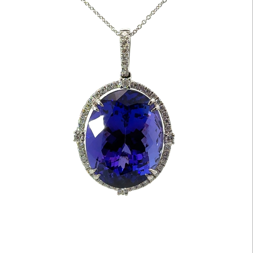 Modern 18kt White Gold Oval Gem Quality Tanzanite + Diamond Pendant