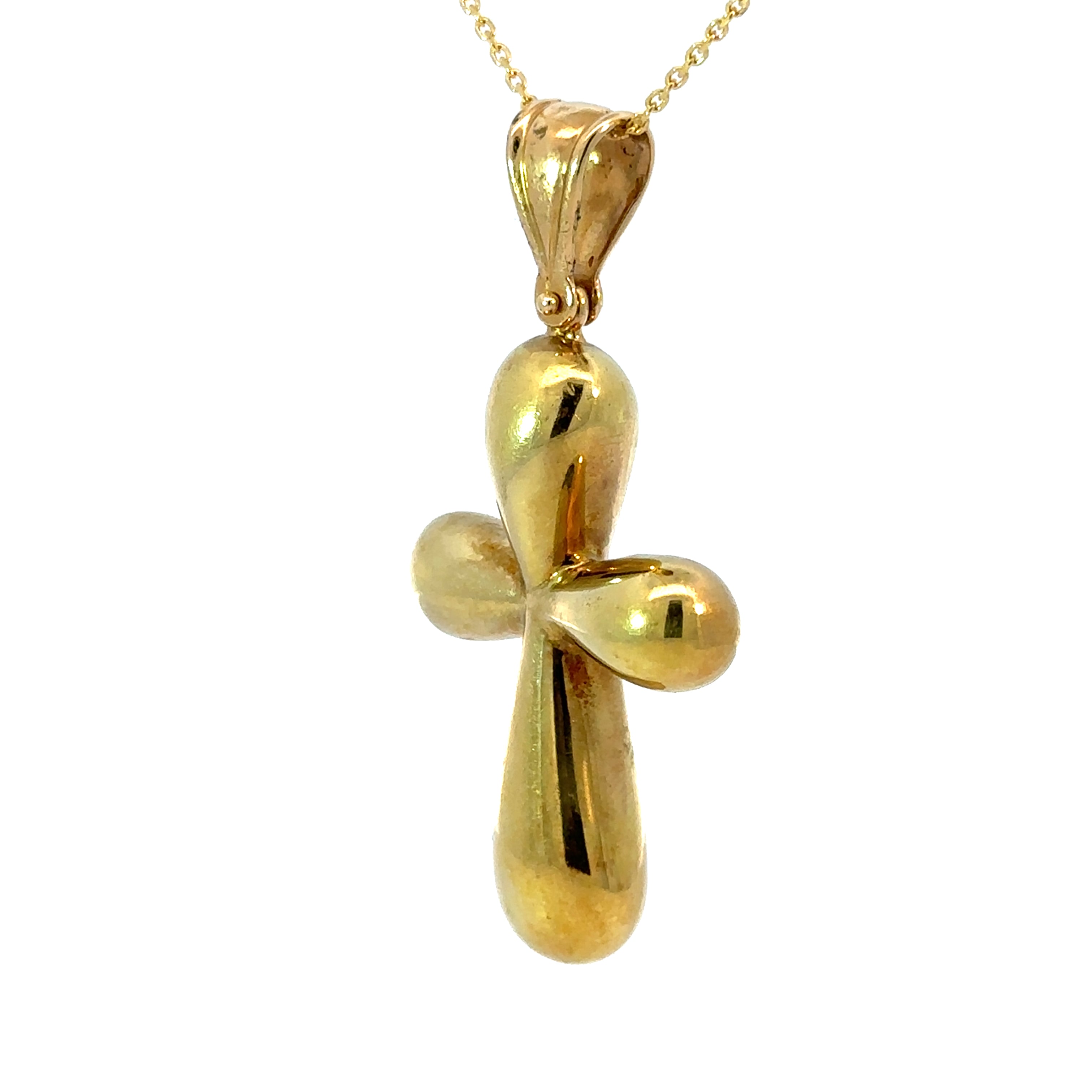 Late Century 18kt Yellow Gold Puffy Cross on 14kt 18inch Chain