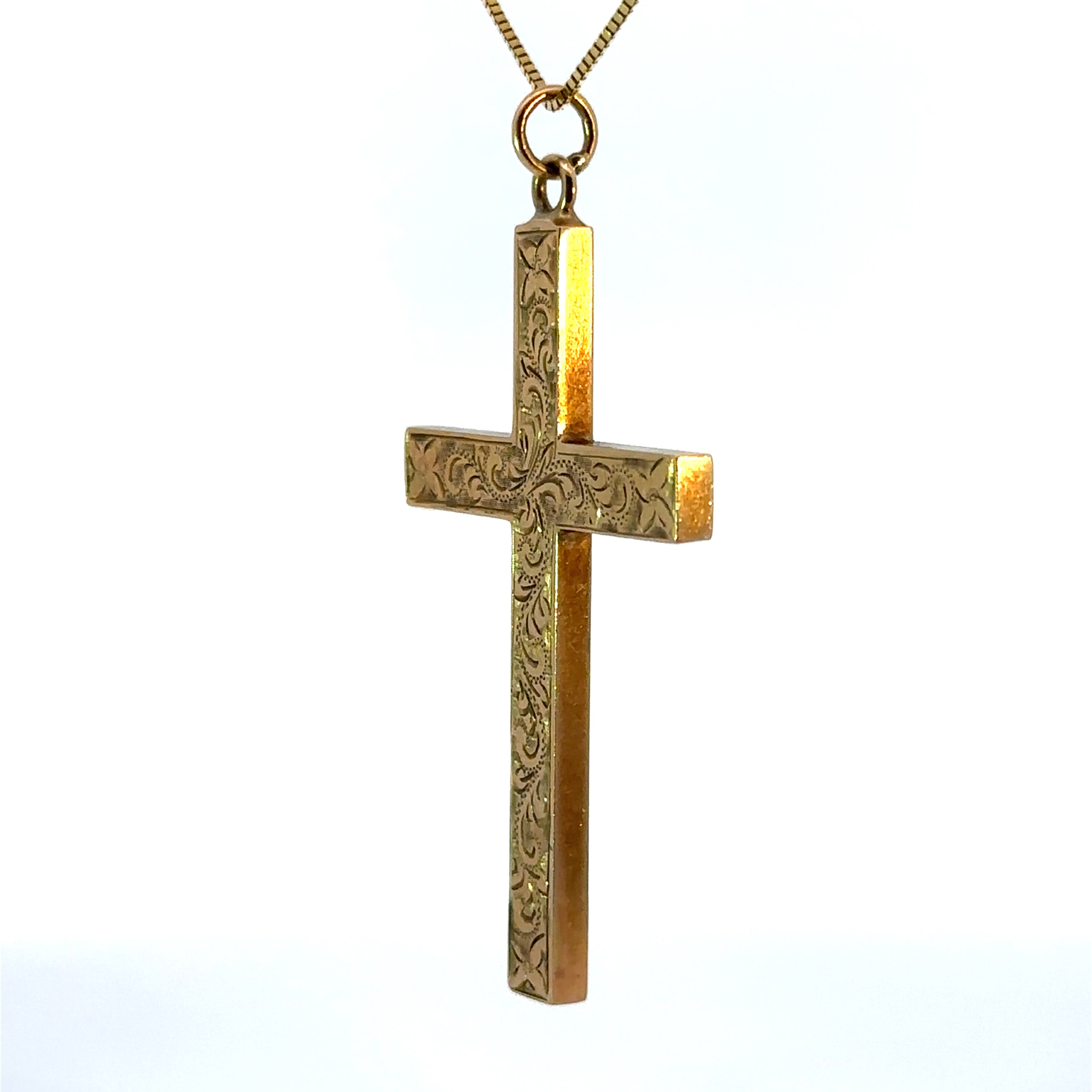 Victorian 9kt Yellow Gold Engraved Cross on 14ktyg Chain