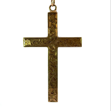 Victorian 9kt Yellow Gold Engraved Cross on 14ktyg Chain