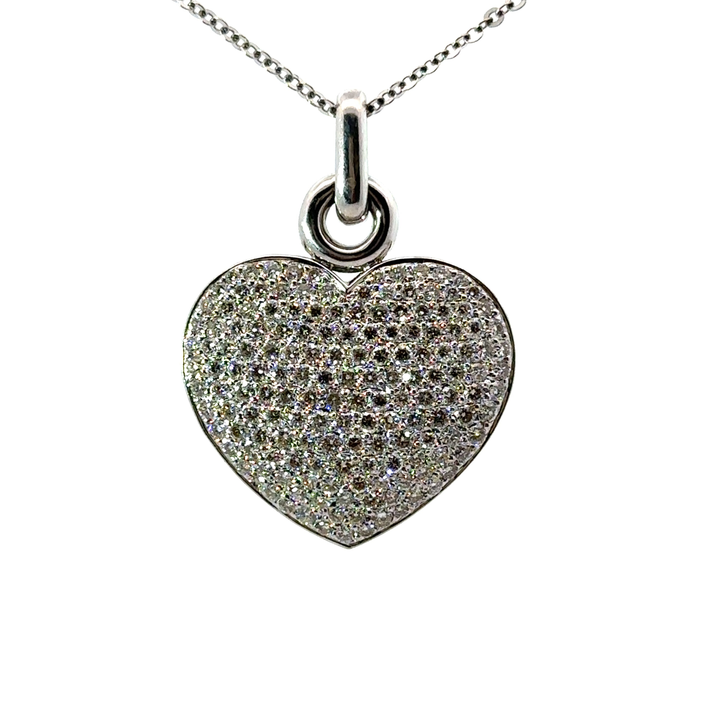 Modern 14kt White Gold Pave Round Brilliant Cut Diamond Heart Pendant