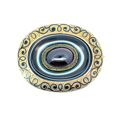 Victorian c1864 14kt Yellow Gold Cabochon Cut Garnet + Banded Agate Brooch