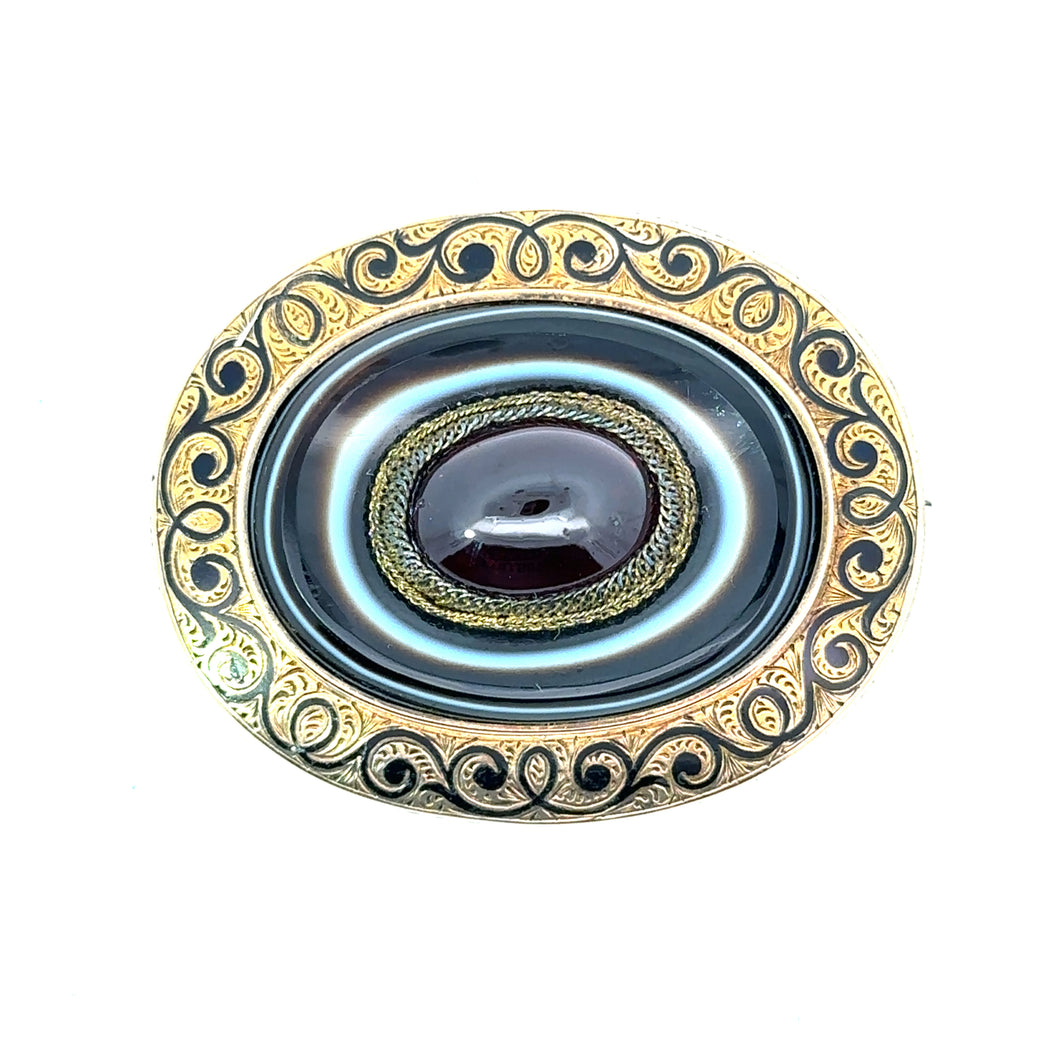 Victorian c1864 14kt Yellow Gold Cabochon Cut Garnet + Banded Agate Brooch