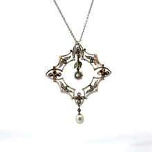 Load image into Gallery viewer, Art Deco Platinum, Old European Cut Diamond + Antique Cut Diamonds + Natural Pearl Drop Pendant