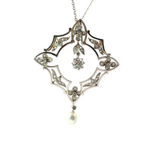 Load image into Gallery viewer, Art Deco Platinum, Old European Cut Diamond + Antique Cut Diamonds + Natural Pearl Drop Pendant