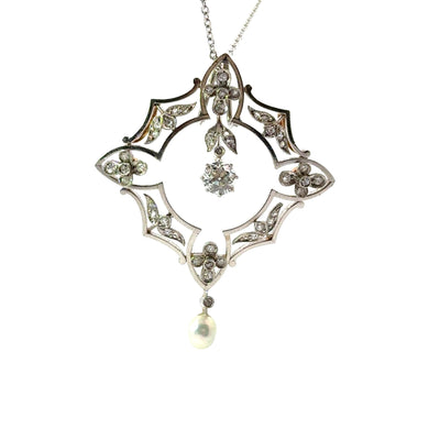 Art Deco Platinum, Old European Cut Diamond + Antique Cut Diamonds + Natural Pearl Drop Pendant
