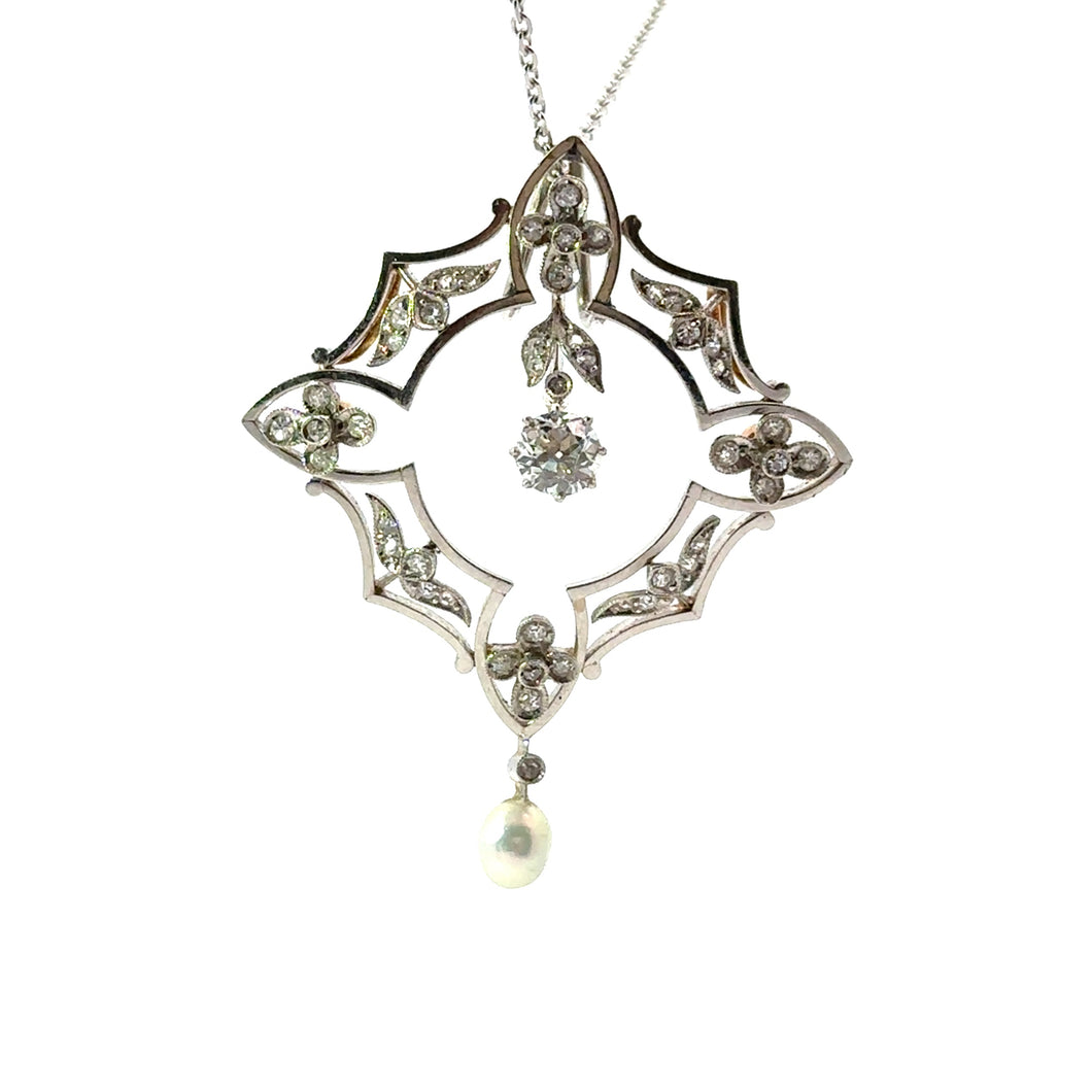 Art Deco Platinum, Old European Cut Diamond + Antique Cut Diamonds + Natural Pearl Drop Pendant