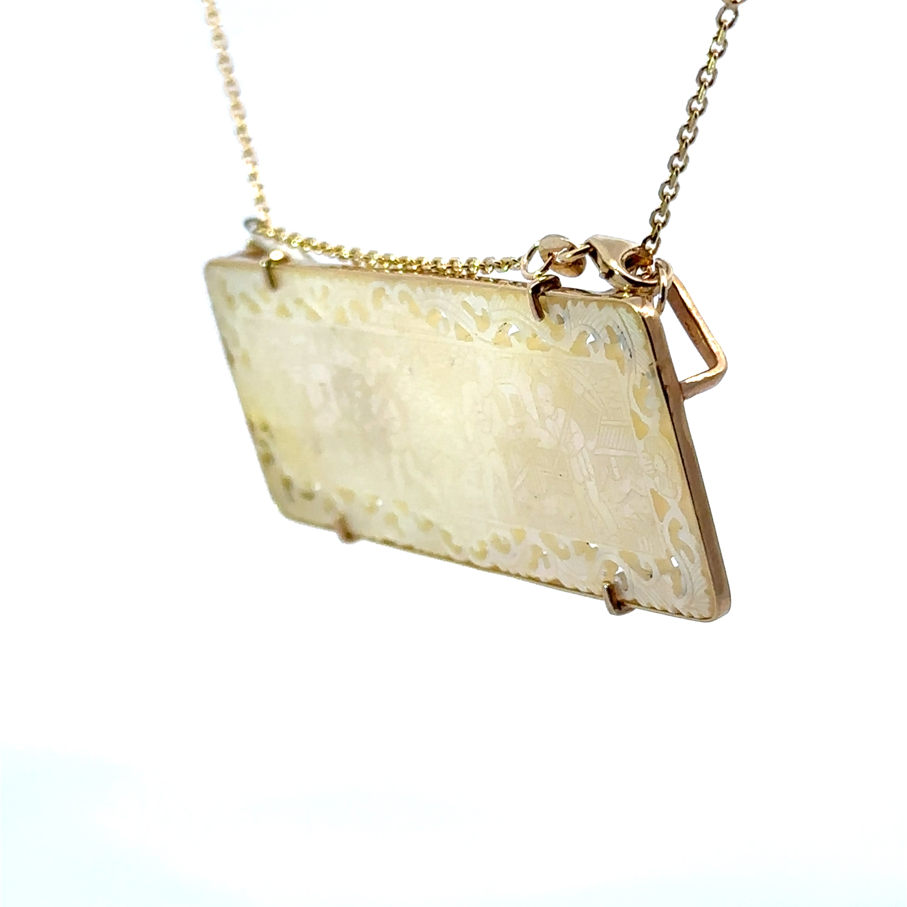 Victorian 14kt Yellow Gold Carved Mother of Pearl Gambling Chip Necklace