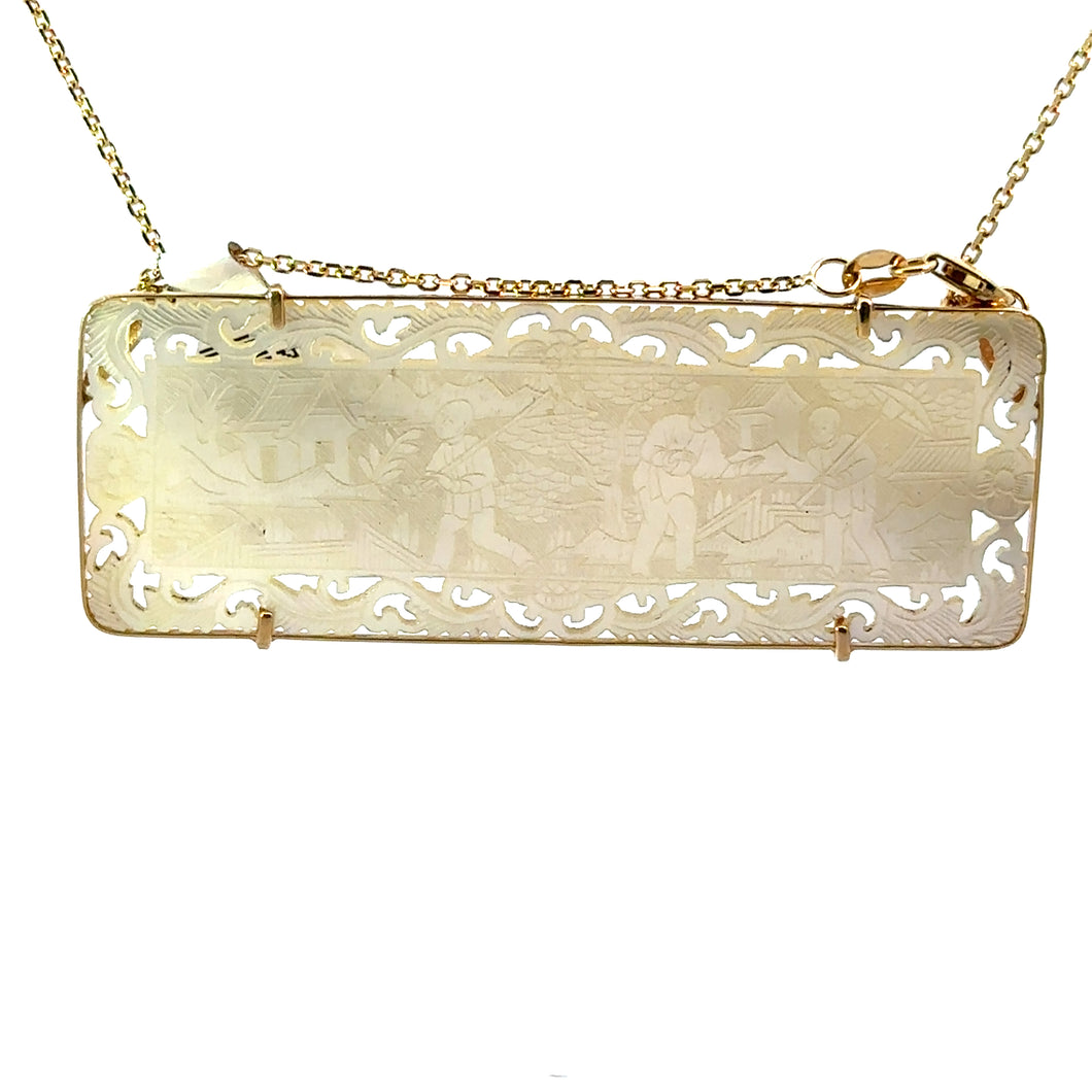Victorian 14kt Yellow Gold Carved Mother of Pearl Gambling Chip Necklace