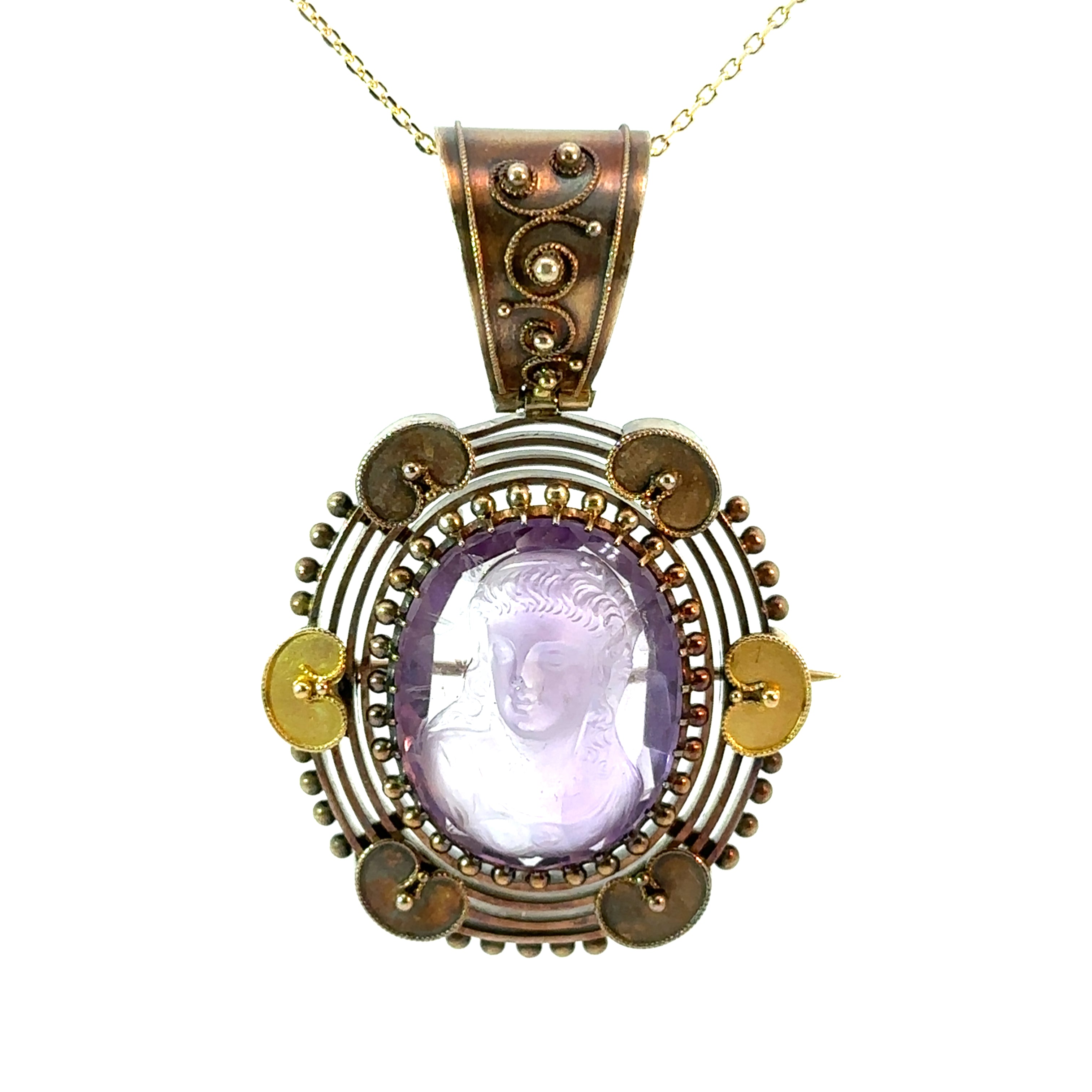 Victorian 14kt Yellow Gold Carved Amethyst Cameo of a Woman Pendant