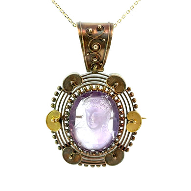 Victorian 14kt Yellow Gold Carved Amethyst Cameo of a Woman Pendant