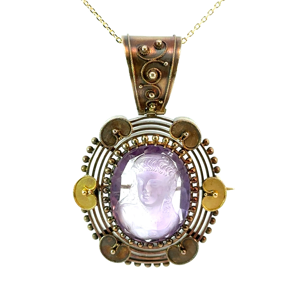 Victorian 14kt Yellow Gold Carved Amethyst Cameo of a Woman Pendant