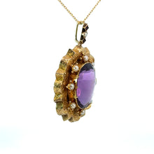 Load image into Gallery viewer, Victorian 15kt Yellow Gold, Amethyst + Natural Seed Pearls Pendant