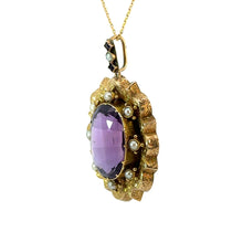 Load image into Gallery viewer, Victorian 15kt Yellow Gold, Amethyst + Natural Seed Pearls Pendant