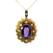Load image into Gallery viewer, Victorian 15kt Yellow Gold, Amethyst + Natural Seed Pearls Pendant