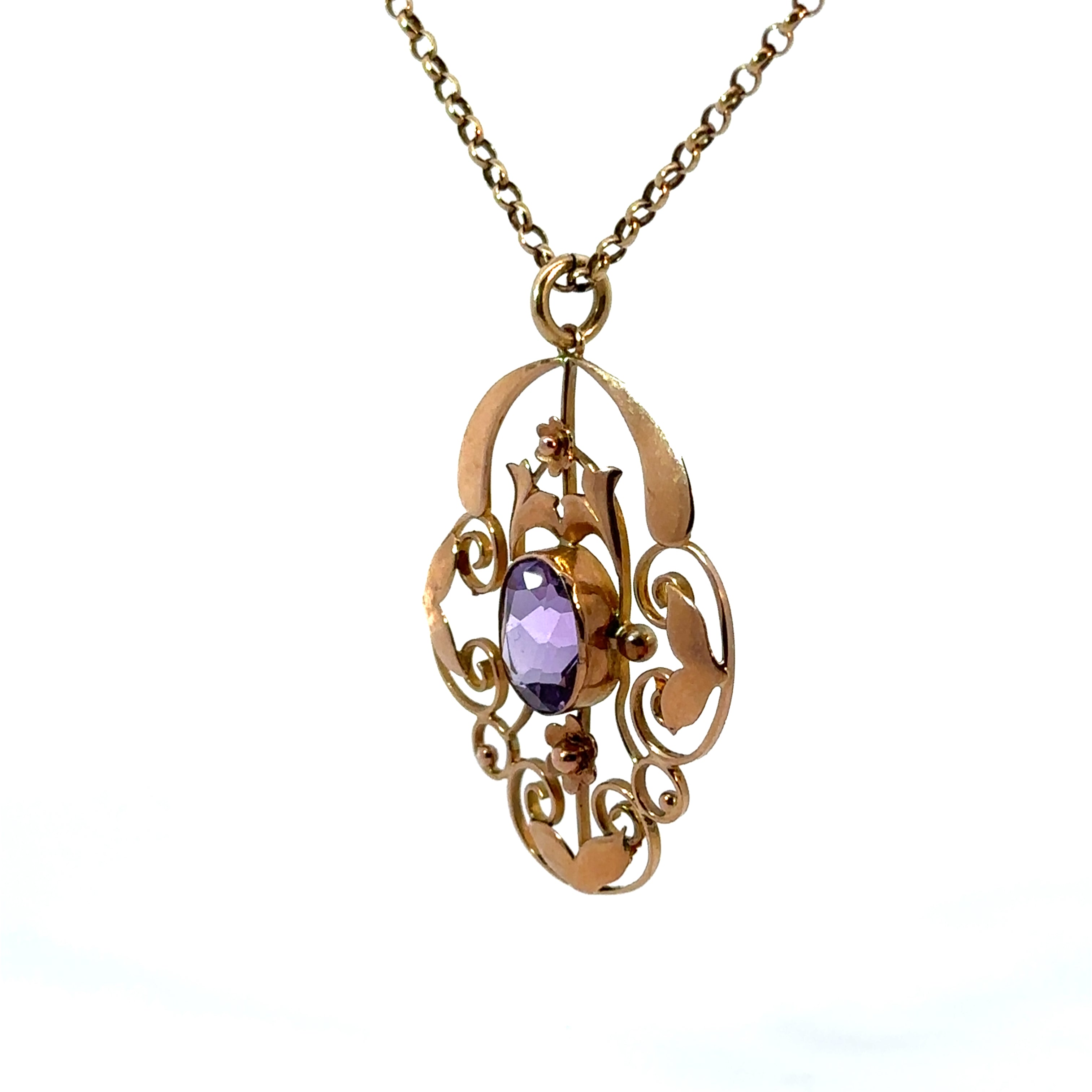 Victorian 10kt, Amethyst Pendant on 19inch 9kt Gold Chain