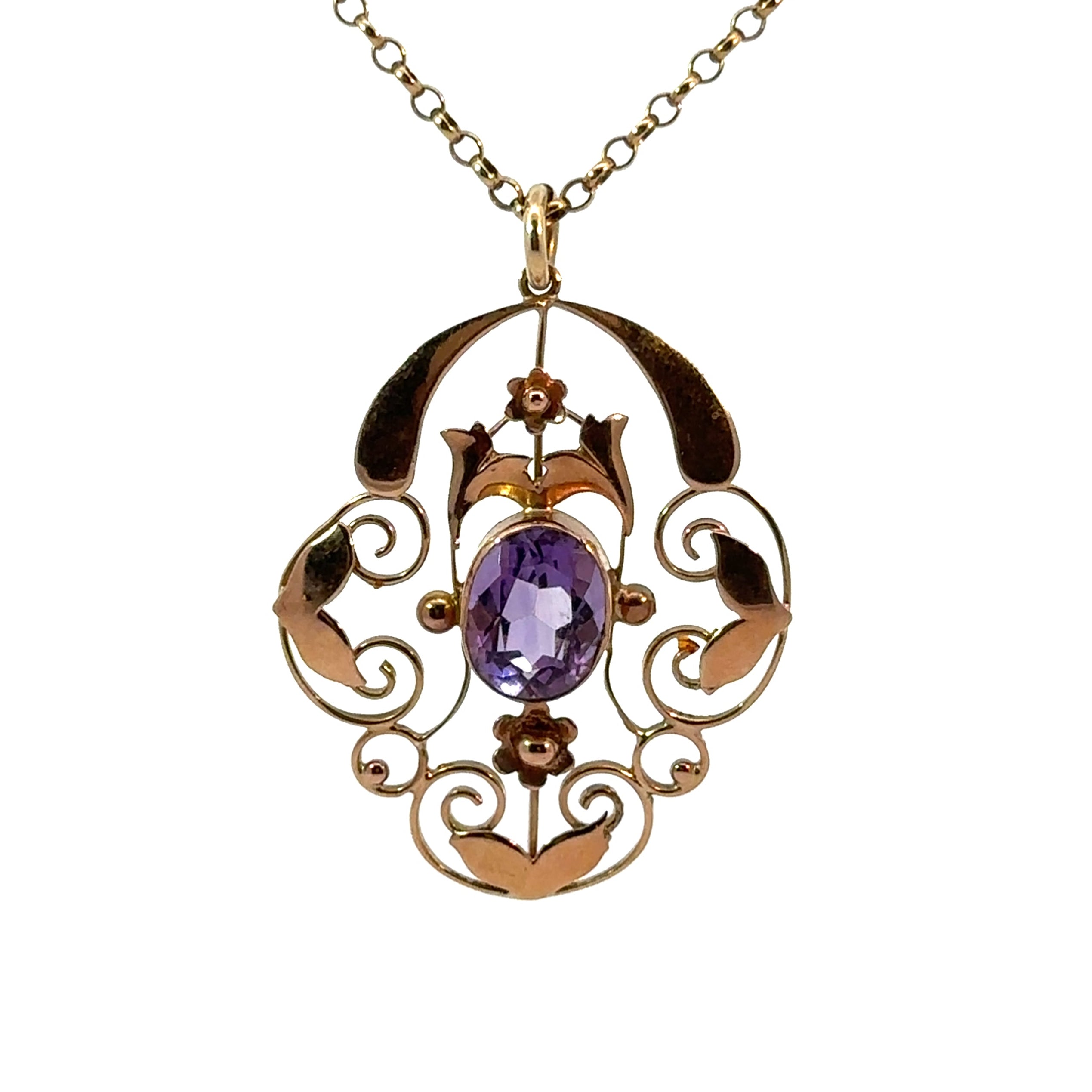Victorian 10kt, Amethyst Pendant on 19inch 9kt Gold Chain